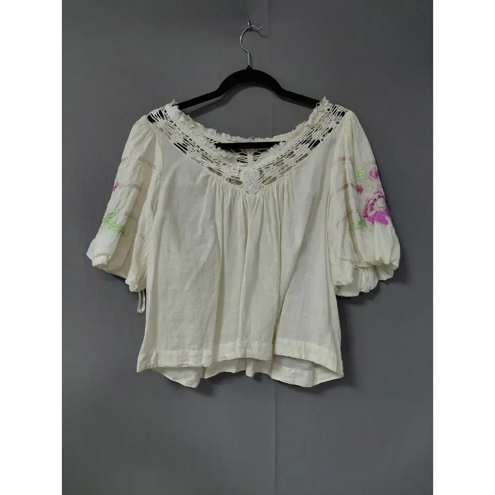 Free People White Peasant Embroidered Crochet 3/4 Puff Sleeve Women Size XS